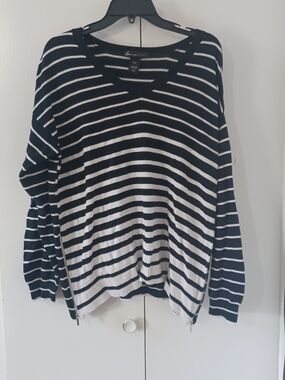 Lane Bryant Black and White Striped V-Neck Sweater